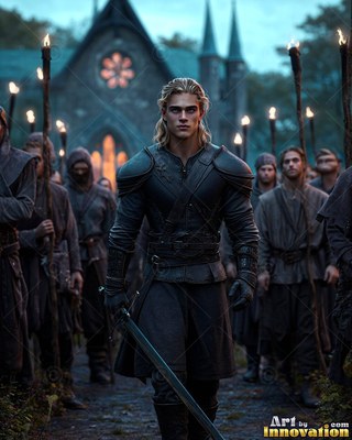 Before a dark church, a blond man in black armor walks with a sword