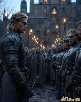 Holding a sword, a blond man in black armor looks back at rows of soldiers outside a castle