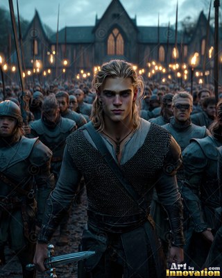 Blond young man with a sword leads an army of men at dusk