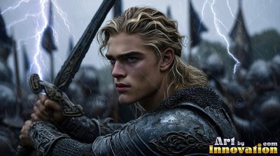 Long blond hair blows back as a young man in armor raises his sword on a rainy battlefield under lightning