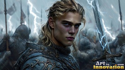 A blond man in iron armor has a sword in hand under white flashes of lightning