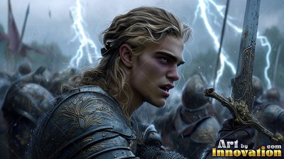 Turned in profile on a stormy battlefield, an armored blond man raises his sword