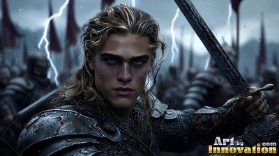 A fair-haired man in iron armor grips a sword up before an army under lightning