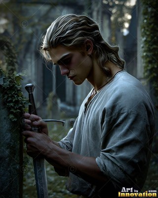 In a stone courtyard, a young man holds the hilt of a sword set in a rock