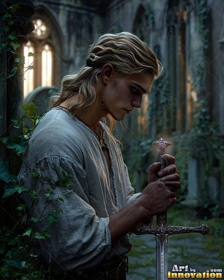 Holding a sword with both hands, a fair-haired man in a gray shirt looks down in a ruin