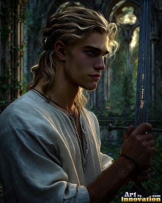 A blond young man holds an iron sword in stone ruins