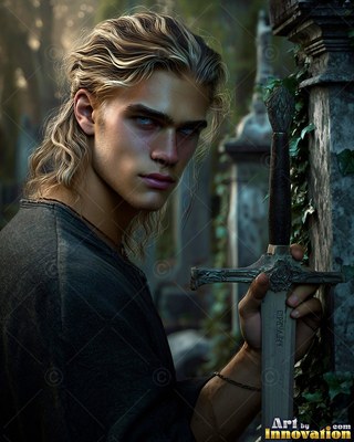 Wavy blond hair frames a young man holding an upright sword in a dim, overgrown graveyard