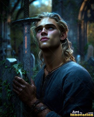 A blond young man looks up as he holds a sword in a stone under cool blue light