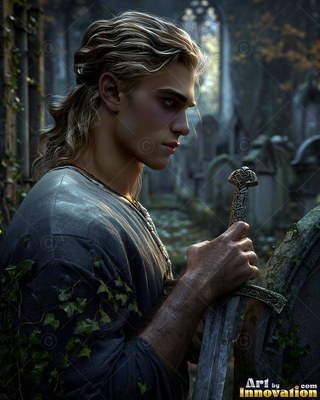 Seen from the side in a churchyard, a fair-haired man carries a sword hilt