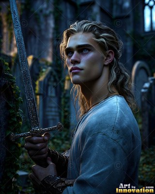 A blond young man holds an upright sword in a dark stone graveyard