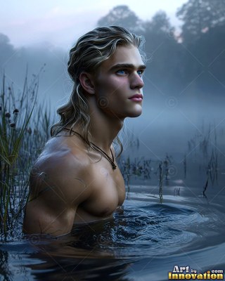 In a foggy lake, a bare-chested yellow-haired man stands waist-deep in dark water