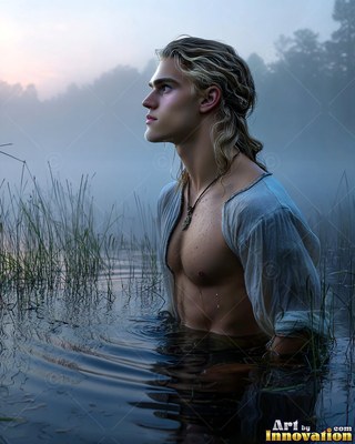 Wading chest-deep in murky water, a young blond man in an open shirt looks into the misty woods