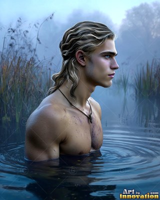 Bare-chested blond man stands in misty water