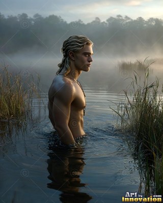 Wet blond hair clings to a shirtless young man wading in a foggy lake surrounded by reeds