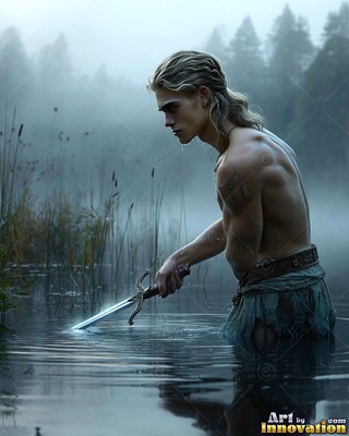 A bare-chested man wades in a misty lake holding a sword, surrounded by cool blue light