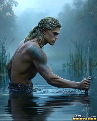 Crouched in profile in misty water, a shirtless man grips a sword