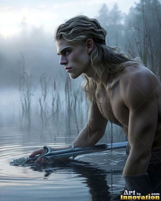 A shirtless blond man leans forward in foggy water to take a sword