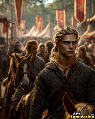 In a crowded camp, a blond young man on horseback rides past red banners