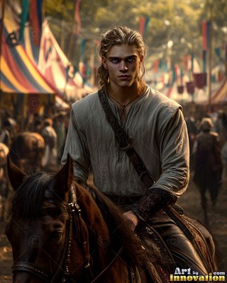Riding a dark horse, a blond young man wears a gray tunic in a crowded camp