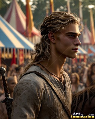 Young blond man carrying a sword outside striped tents