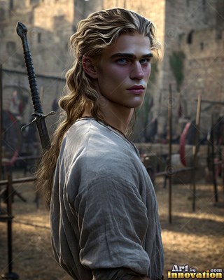 Long wavy blond hair falls over the gray tunic of a young man holding a sword in a stone yard