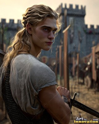 A blond young man has a sword in hand outside stone battlements under warm afternoon light
