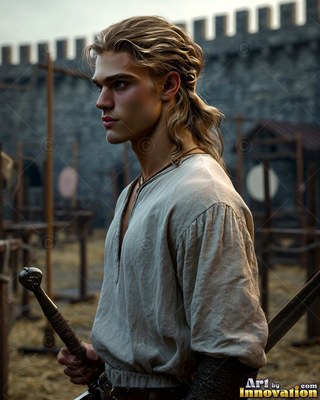 Standing in profile in a castle courtyard, a young fair-haired man holds a sword hilt