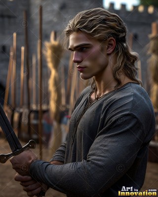 A young yellow-haired man in a gray shirt grips a sword in a castle yard