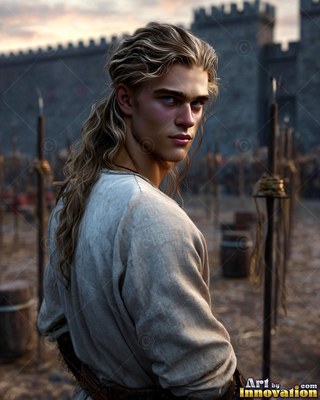 Outside stone castle walls, a blond young man turns around in a linen shirt