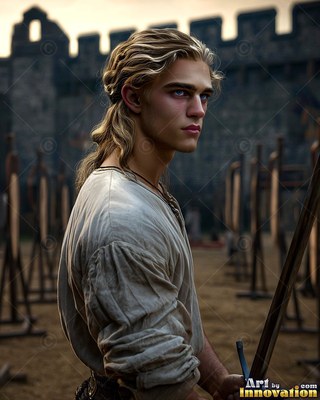 Holding a wooden training sword, a young yellow-haired man stands in a castle yard