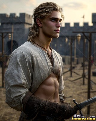 Blond young man holding a sword in a castle courtyard