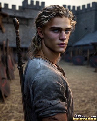 Wavy blond hair falls around a young man carrying a sword outside stone castle walls