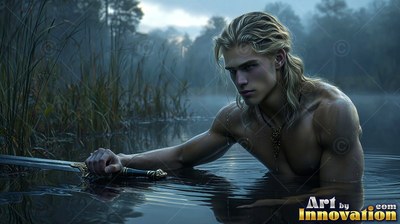 A bare-chested blond man wades in dark misty water, gripping a sword beneath cold gray light