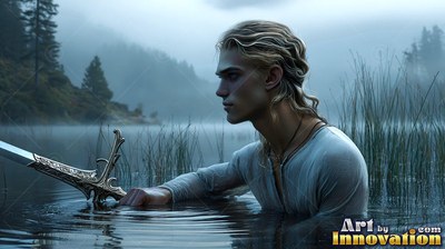 Seen in profile, a young man wades in a misty lake while holding a sword