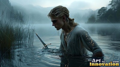 A blond-haired man in a white shirt wades through a foggy lake toward a sword in the water