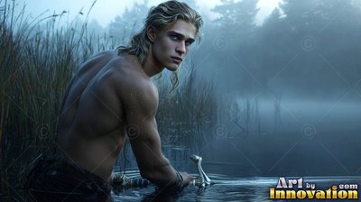 In a foggy lake, a shirtless blond man reaches for a sword in the water