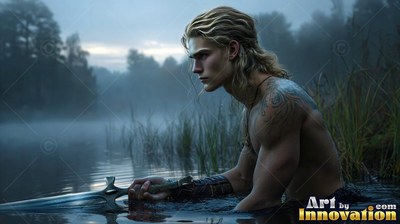 Wading in a misty lake, a shirtless blond-haired man grasps a sword in the dark water