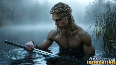 A man with blond hair stands shirtless in a misty lake holding a sword