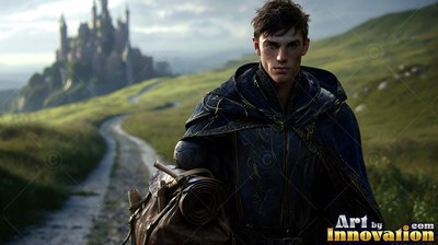 Dark hooded cloak over his tunic, a young man walks a dirt path near a distant castle