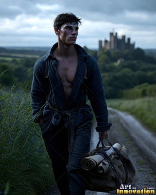 Walking along a dirt road, a young man carries a heavy bag before a distant castle