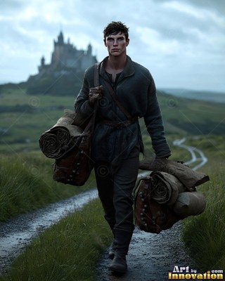 A young man carries heavy travel packs down a dirt path away from a castle