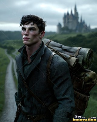 On a green country road, a young man with a pack walks toward a distant castle