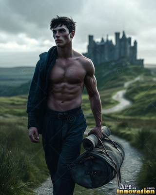 Walking along a dirt path, a shirtless man carries a duffel bag near a castle