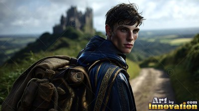 A young man carrying a pack looks back on a dirt road by a castle