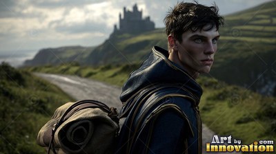 In a dark hooded tunic, a young man looks back from a green coastal path near a castle