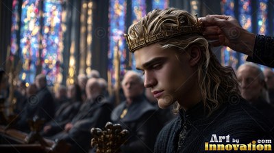 A blond man receives a gold crown on his head before blue stained glass window light
