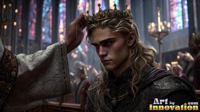 Looking down, a yellow-haired man is crowned inside a stone cathedral