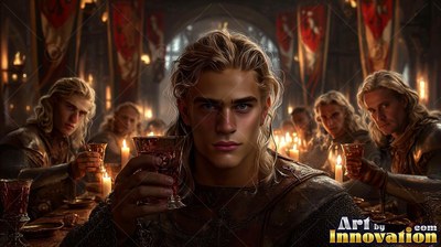A blond-haired man in leather armor raises a glass cup among men at a candlelit table