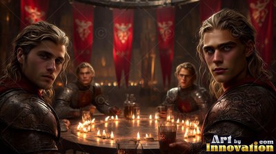 In a dim hall under red banners, young men in armor sit around a candlelit table