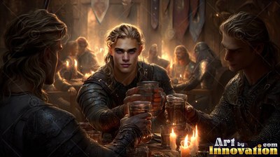 Raising his mug by candlelight, a young blond-haired man toasts with other men in armor